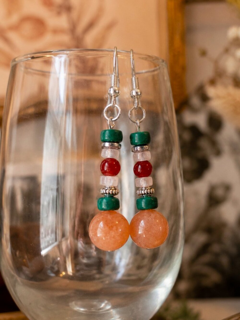 Sunstone Gemstone Earrings, Rose Quartz Tourmaline Wood Dangles